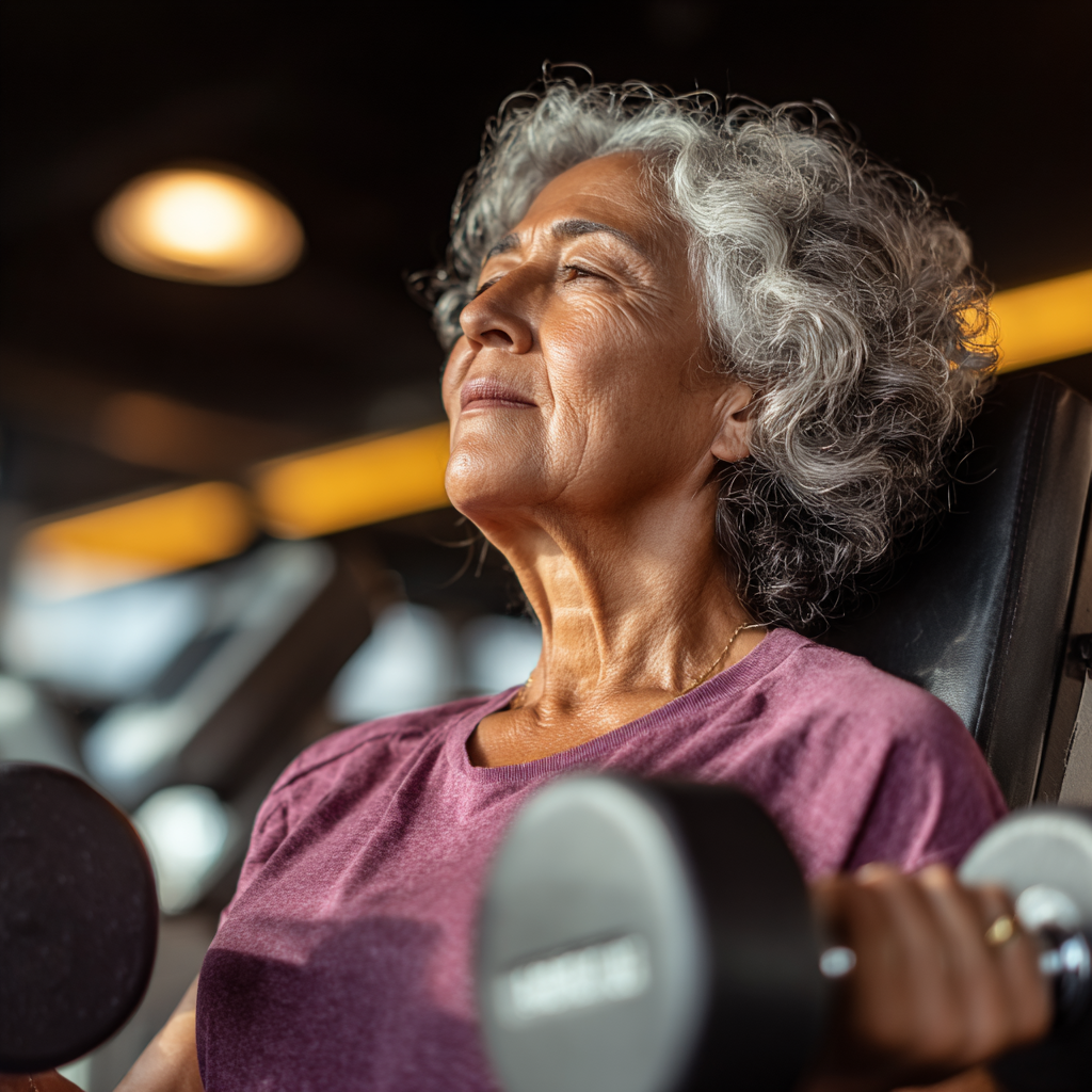 Активна жінка 55 років виконує функціональні вправи з гантелями в сучасному спортзалі nustivarne